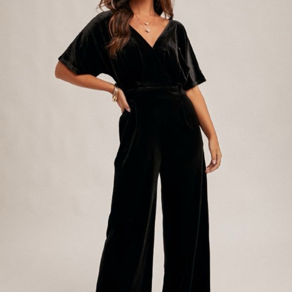 Hem & Thread Black Velvet V-Neck Wide-Leg Jumpsuit